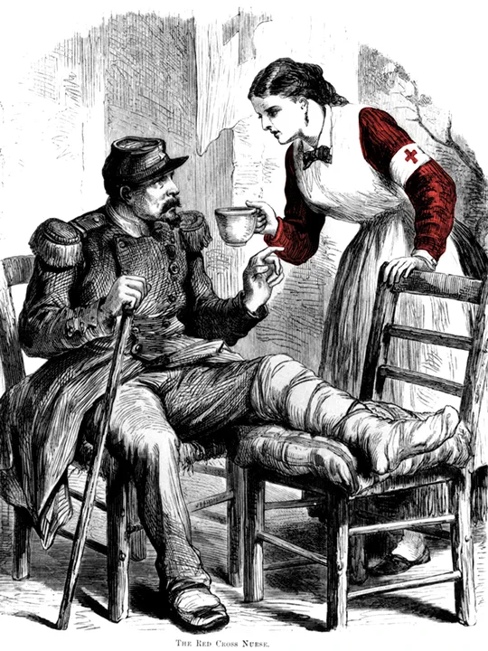 Photograph of a drawing entitled 'The Red Cross Nurse', showing a Red Cross nurse attending to a soldier during the Franco-Prussian War with a Red Cross flag in the background
