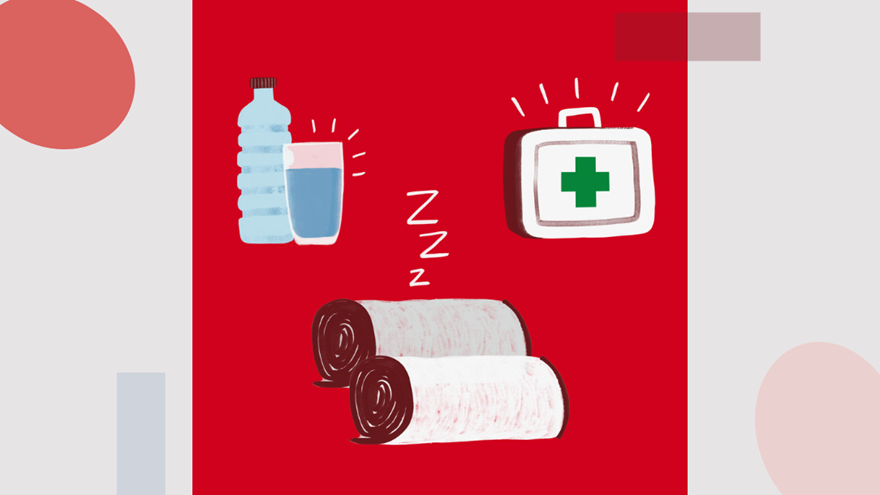 A drawing showing the kinds of things a British Red Cross virtual gift can buy - clean water, a sleeping bag and a first aid kit.