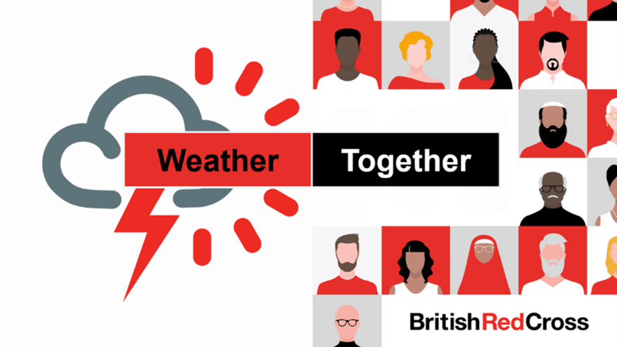 A graphic showing cartoon people and a drawing of a cloud with rain and a lightening bolt and weather together text